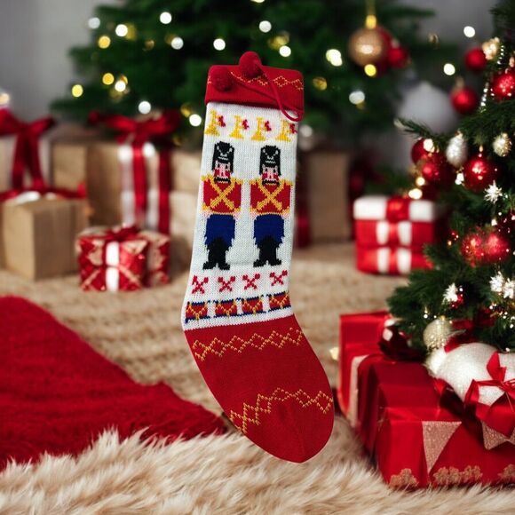 Unbranded Other - Vintage Nutcracker Christmas Knitted Stocking Sweater Traditional Pom Poms